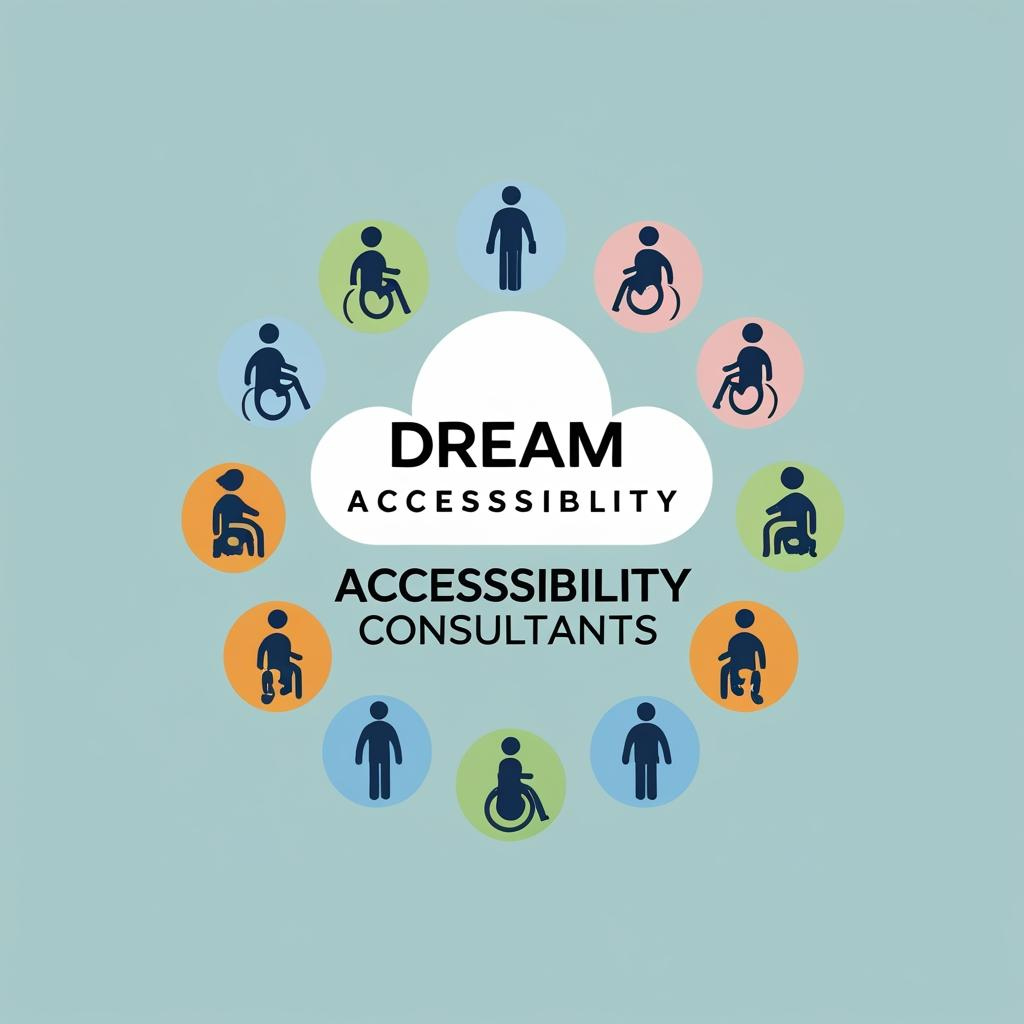 A circle of different disabilities and black bold text with the words, bolded text Dream Accessibility Consultants in two different clouds